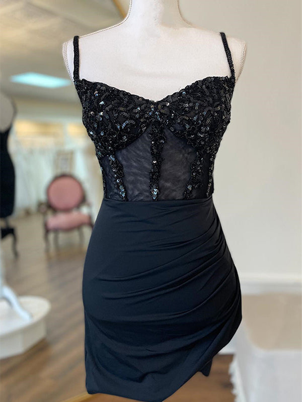 Glitter Black Corset Satin Asymmetrical Tight Short Homecoming Dress with Sequins