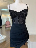 Glitter Black Corset Satin Asymmetrical Tight Short Homecoming Dress with Sequins