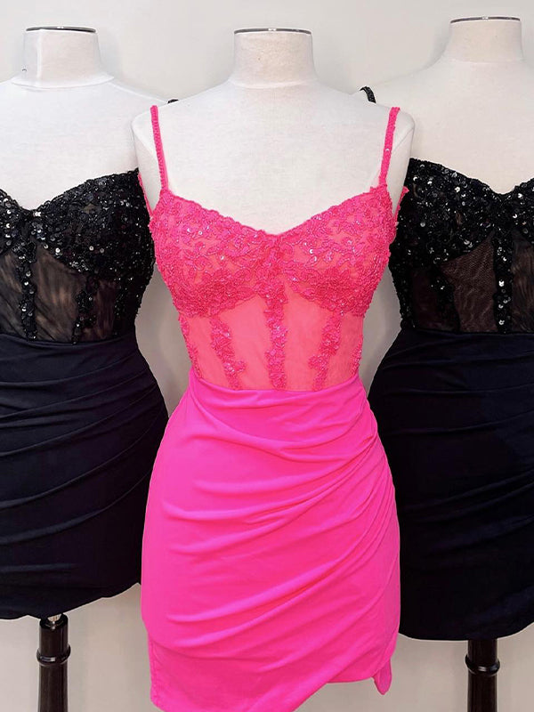 Glitter Coral Corset Satin Asymmetrical Tight Short Homecoming Dress with Sequins