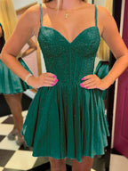 Glitter Dark Green A-Line Spaghetti Straps Short Homecoming Dress with Beaded