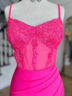 Glitter Fuchsia Corset Satin Asymmetrical Tight Short Homecoming Dress with Sequins