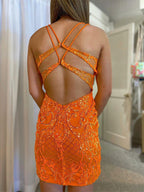 Glitter Orange Bodycon Criss-Cross Back Homecoming Dress