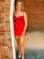 Glitter Red Corset Satin Asymmetrical Tight Short Homecoming Dress with Sequins