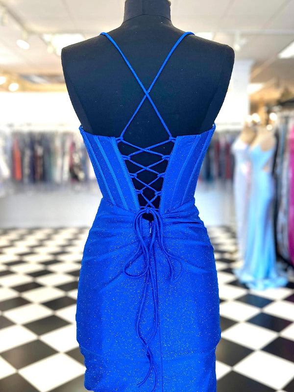 Glitter Royal Blue Bodycon Sweetheart Tight Short Homecoming Dress with Beadings