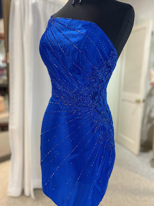 Glitter Royal Blue One Shoulder Tight Homecoming Dress