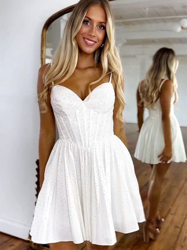 Robe courte ligne A à bretelles spaghetti scintillante avec perles pour bal d'accueil