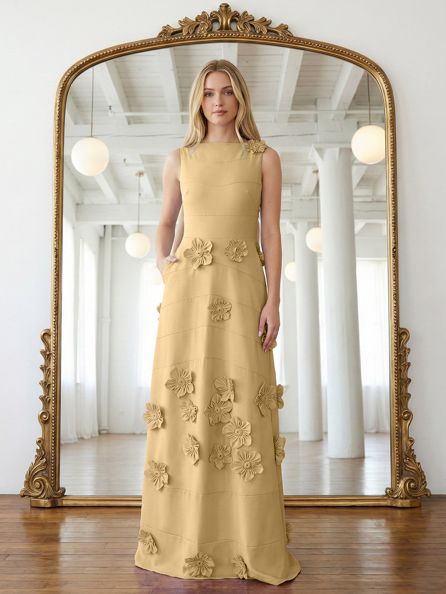 Lavendelfarbenes formelles Kleid mit U-Boot-Ausschnitt und herabfließenden 3D-Blumen