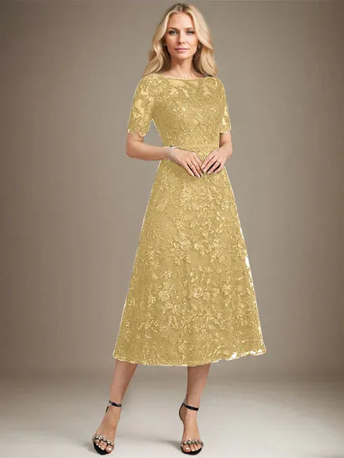 A-Linien Rundhals Illusions-Tea-Length Spitzenkleid der Brautmutter mit Pailletten