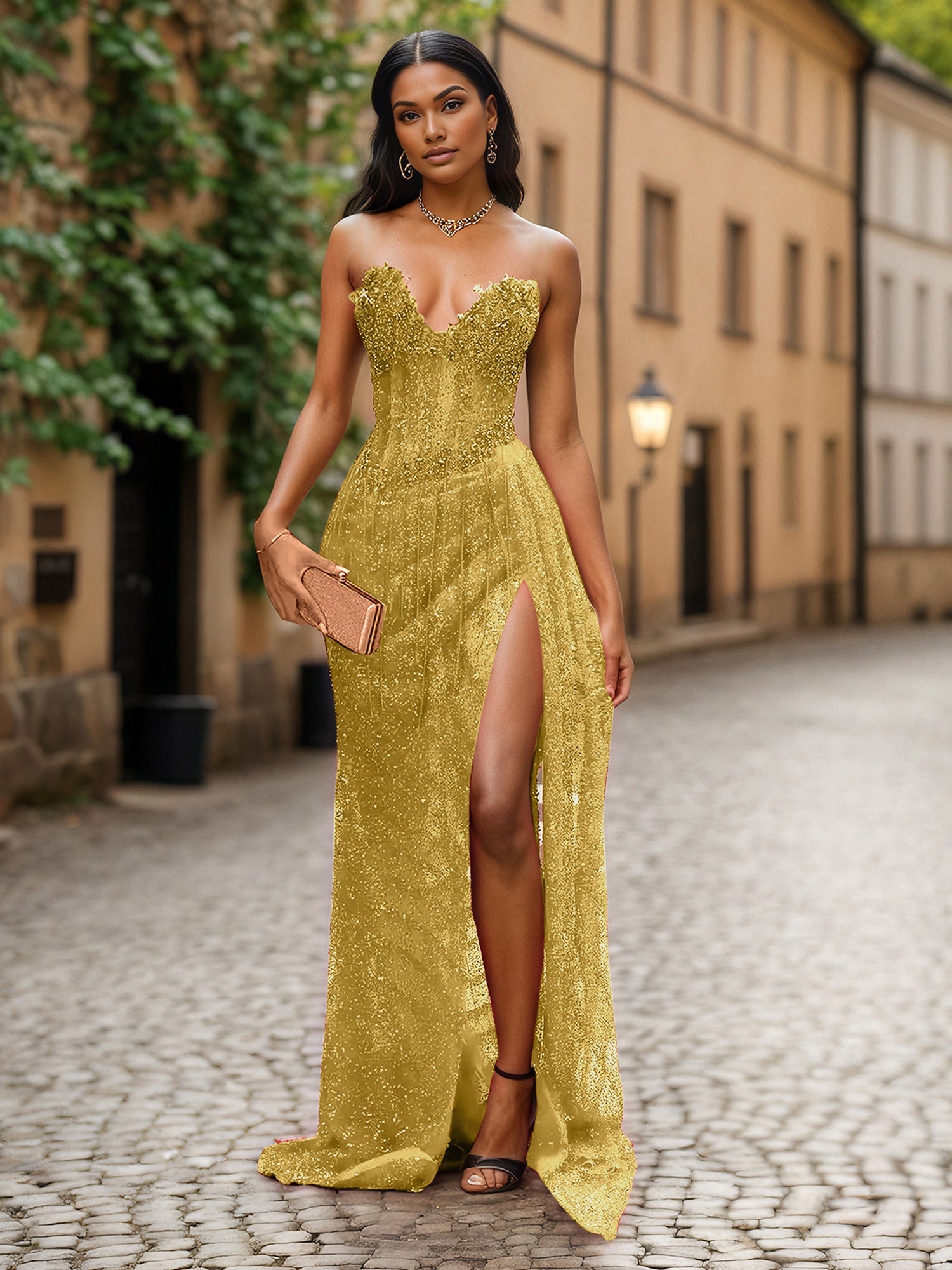 Red Strapless Beaded Fringe Waist Sequin Prom Dress with High Slit