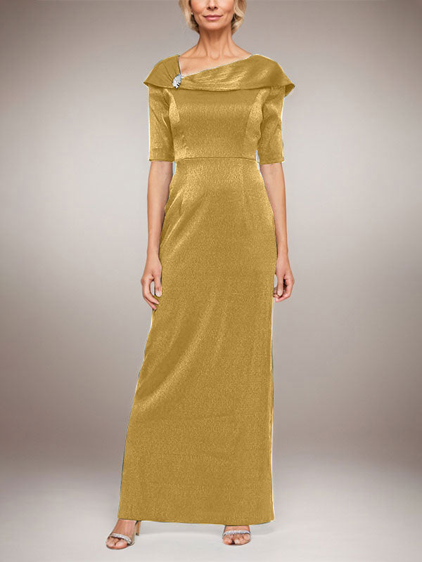 Langes schimmerndes Säulenkleid mit umgeschlagenem Ärmelbündchen, L-Ausschnitt und Ellbogenärmeln