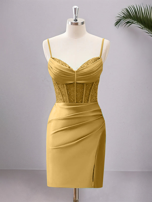 Robe de bal moulante corset en satin à bretelles spaghetti avec fente