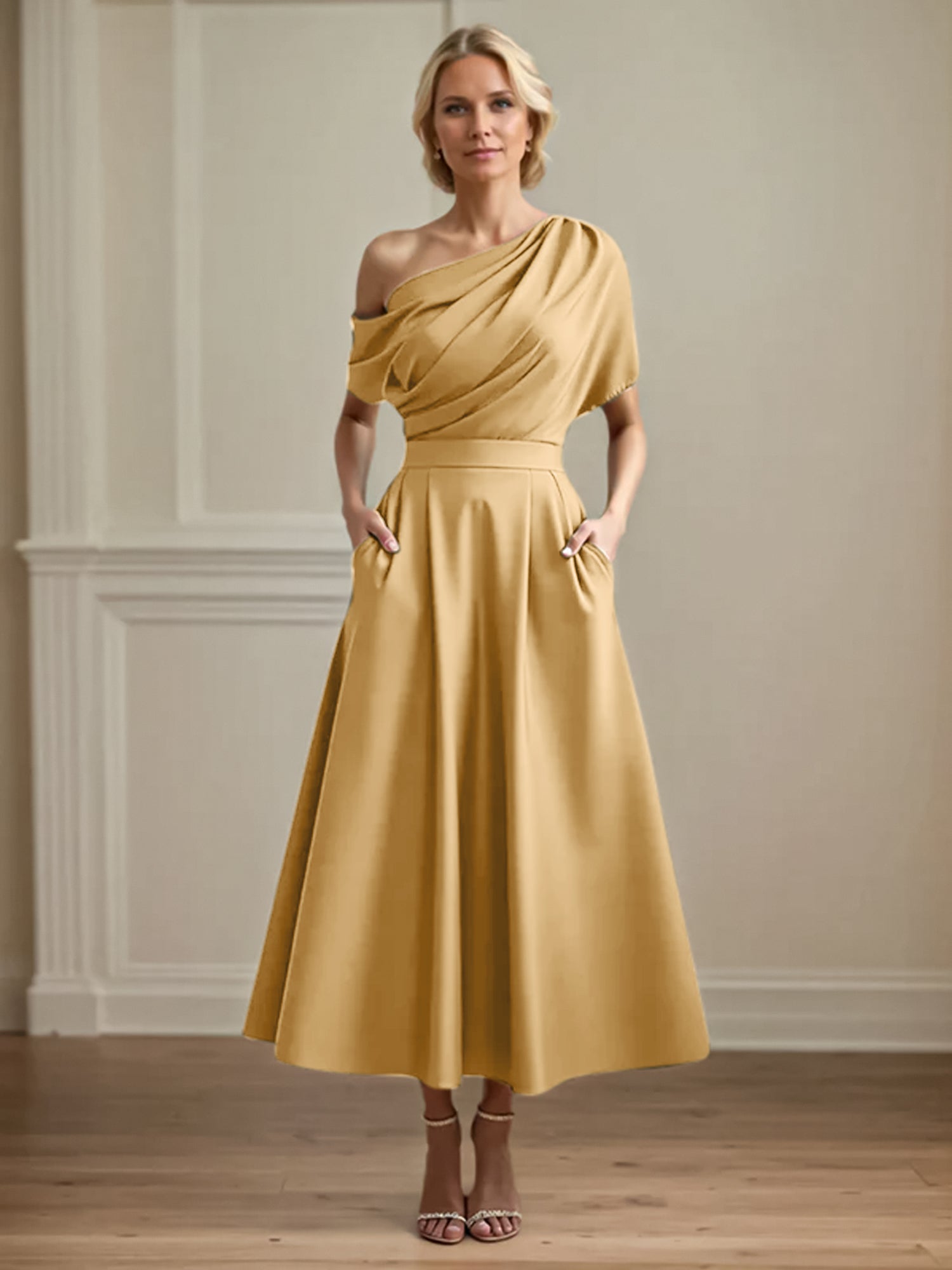 A Line Satin One Shoulder Pleated Ankle Length Mother of the Bride Dress