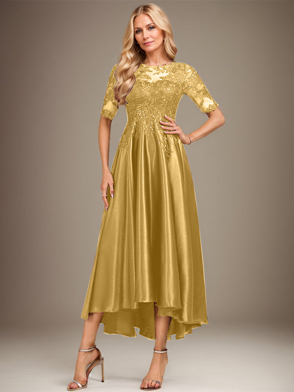 A-Linie Rundhalsausschnitt Illusion Asymmetrisches Stretch-Satin-Spitzen-Brautmutterkleid mit Pailletten