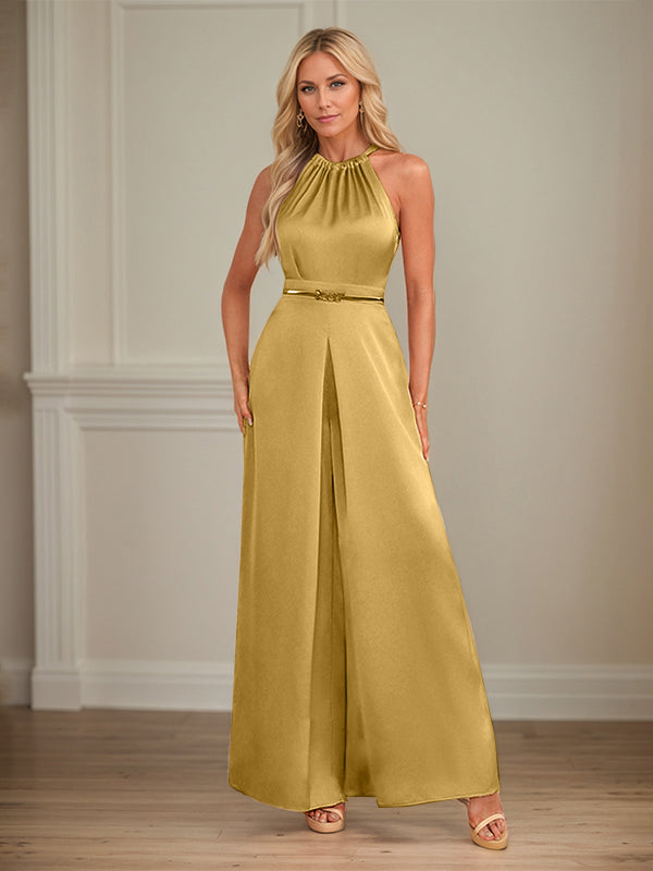 Jumpsuits Neckholder bodenlanges Satin Hochzeitskleid