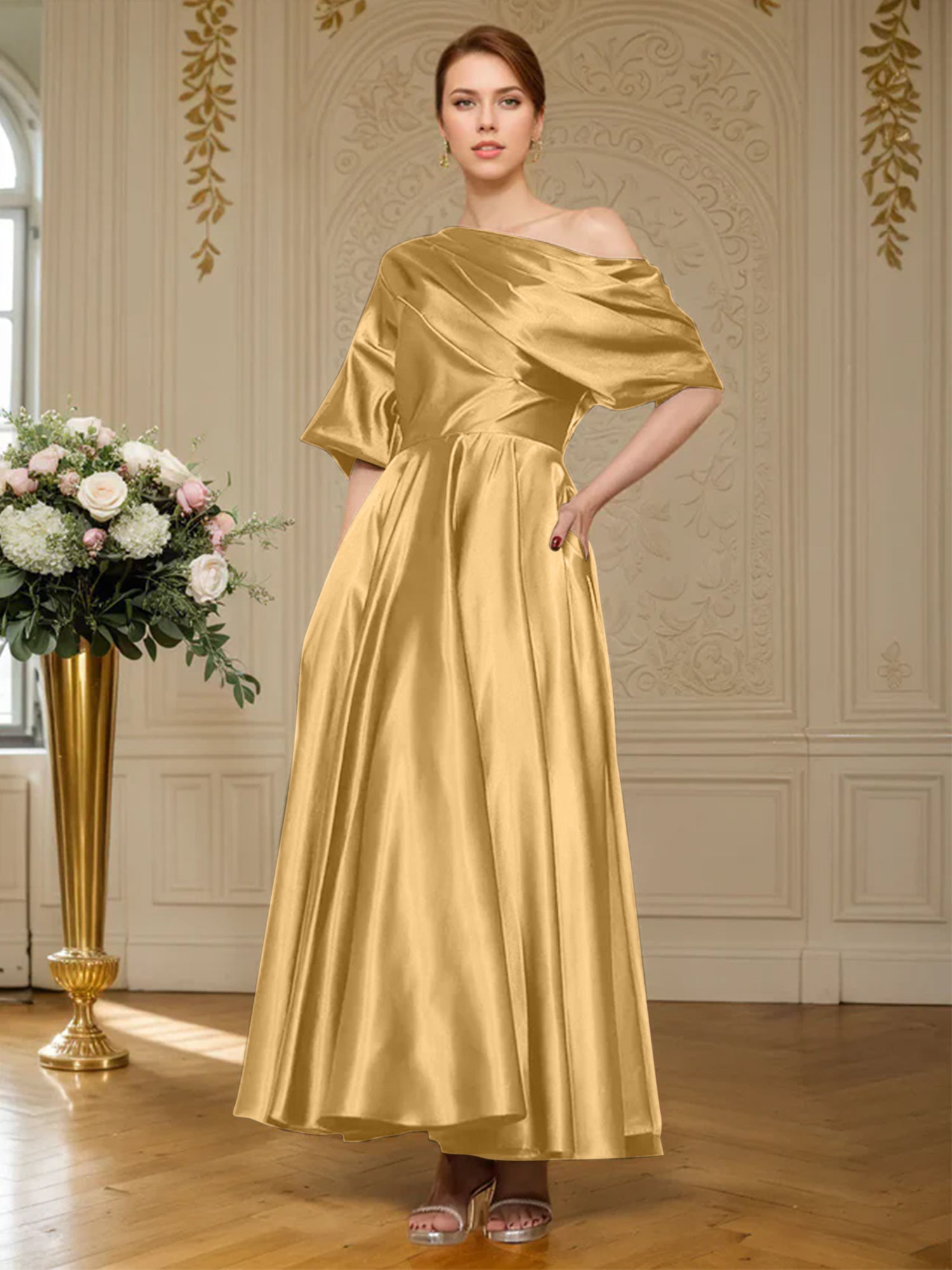 A-Linien Kurzarm plissiertes knöchellanges seidenähnliches Satin Kleid für die Brautmutter