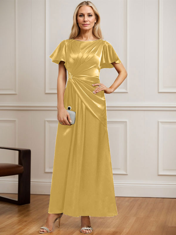 A-Linien Rundhals Knöchellanges Stretch Satin Mutter der Braut Kleid mit Plissierten Perlen