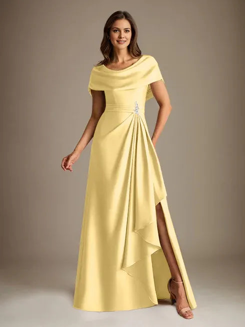 A-Linien-Kleid mit Rundhalsausschnitt, bodenlang, aus Stretch-Satin, Brautmutterkleid mit fallenden Rüschen