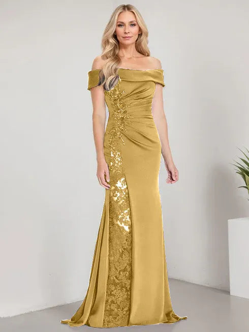 A-Linien Schulterfreies bodenlanges Brautmutterkleid mit Applikationen und Perlenbesatz Meerjungfrauenkleid mit hohem Schlitz