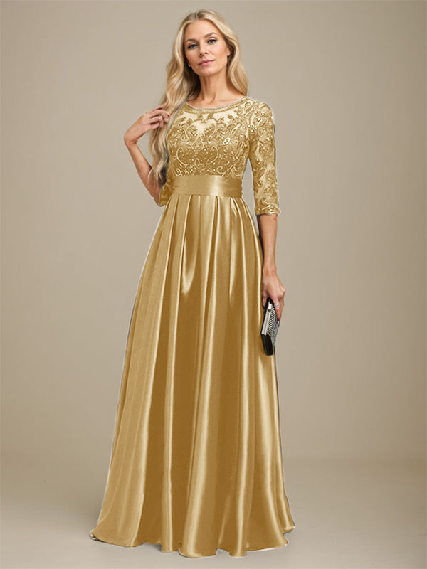 A-Linien Ausschnitt Illusions bodenlanges Stretch-Satin-Spitzenkleid für die Brautmutter mit Schleife und Pailletten