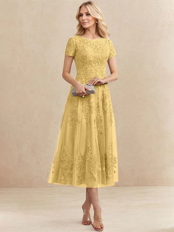 Robe de mère de la mariée A-line en tulle et dentelle, col arrondi, longueur thé
