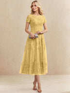 Robe de mère de la mariée A-line en tulle et dentelle, col arrondi, longueur thé