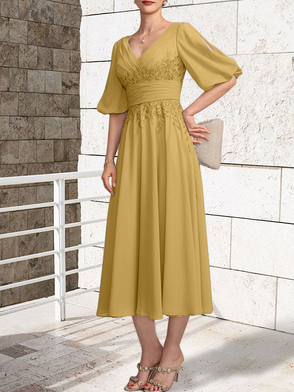 A-Linien Mutterkleid mit V-Ausschnitt, tea-length, Spitze und Chiffon mit Falten