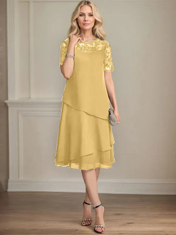 A-Linien Rundhals Illusions-Knie-Länge Spitzen-Chiffon Kleid für die Brautmutter mit Pailletten
