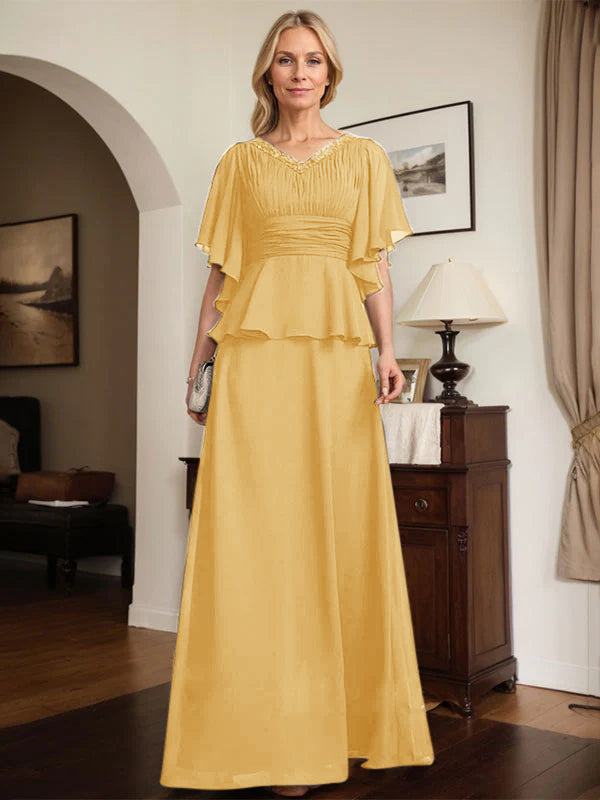 A-Linien Chiffon-Mutter-der-Braut-Kleid mit V-Ausschnitt, bodenlang, plissierte Perlenverzierung