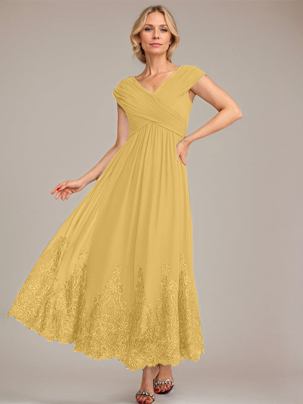A-Linien V-Ausschnitt Knöchellanges Chiffon Kleid der Brautmutter mit Applikationen und Pailletten