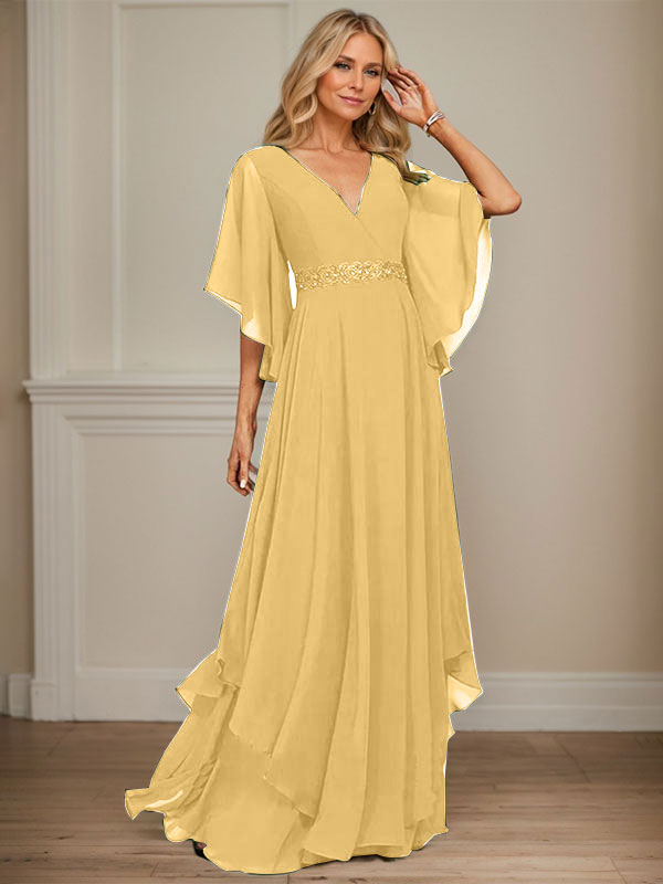 A-Linien V-Ausschnitt bodenlanges Chiffon-Mutter-der-Braut-Kleid mit Pailletten-Applikationen, Spitze und Perlen