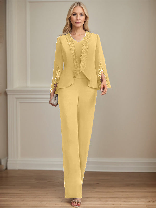 Zweiteiler Jumpsuit/Hosenanzug V-Ausschnitt bodenlanges Chiffon Mutter der Braut Kleid