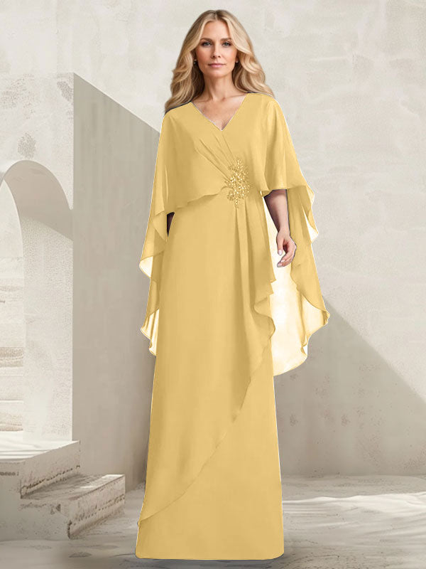 Robe mère de la mariée longue en chiffon coupe trapèze à col en V avec volants en cascade et perles