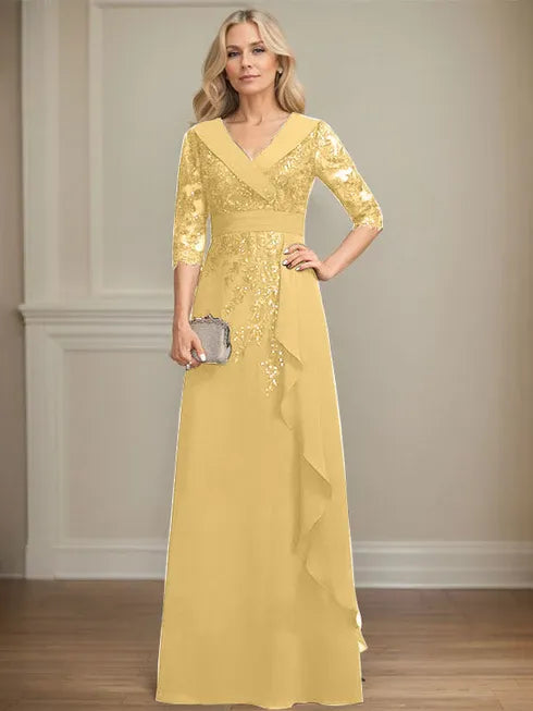 A-Linien Kleid mit Kragen, V-Ausschnitt, bodenlang, aus Spitze und Chiffon, Mutter der Braut Kleid mit Pailletten und fallenden Rüschen