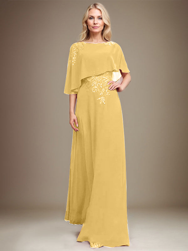 A-Linie Rundhals Bodenlanges Chiffon-Spitzenkleid für die Brautmutter mit Pailletten und Perlen