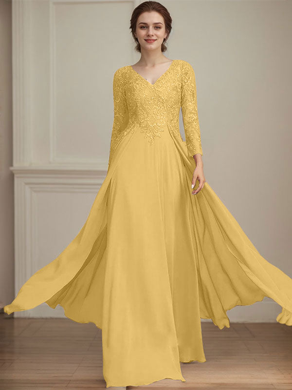 A-Linien V-Ausschnitt Bodenlanges Spitzen-Chiffon Kleid für die Brautmutter mit Pailletten
