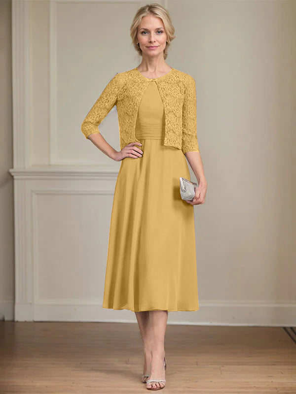 A-Linien Rundhals Tee-Länge Chiffon Kleid für die Mutter der Braut mit Falten