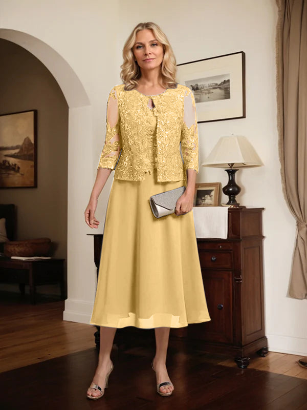A-Linien Spitzen-Chiffon-Brautmutterkleid mit V-Ausschnitt, tea-length, mit Pailletten