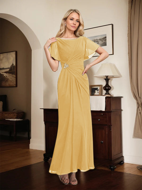 A-Linien Kleid mit Rundhalsausschnitt, knöchellang, Chiffon, Mutter der Braut mit Perlen und Falten