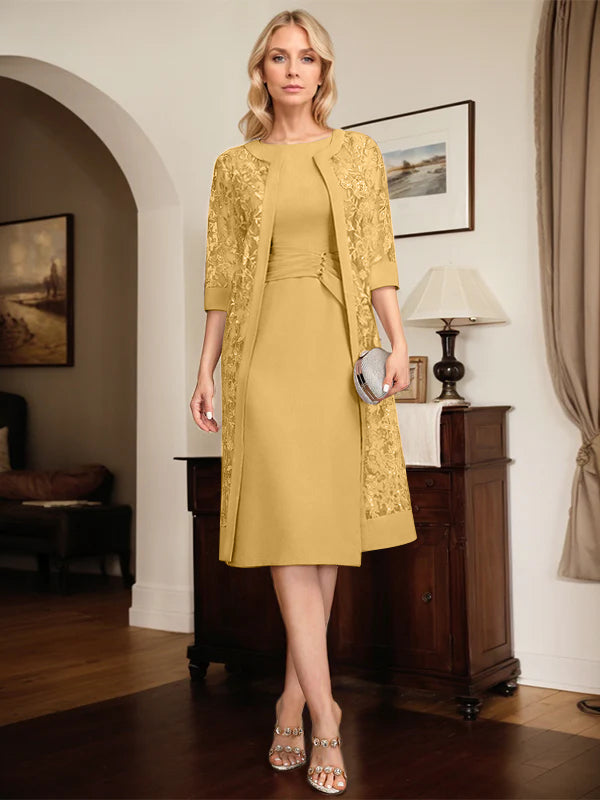 Etui-/Säulen-Kleid mit Rundhalsausschnitt, knielang, Chiffon, Mutter-der-Braut-Kleid mit plissierten Pailletten