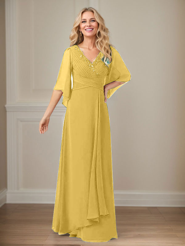 A-Linien V-Ausschnitt langes Pailletten-Chiffon Mutterkleid