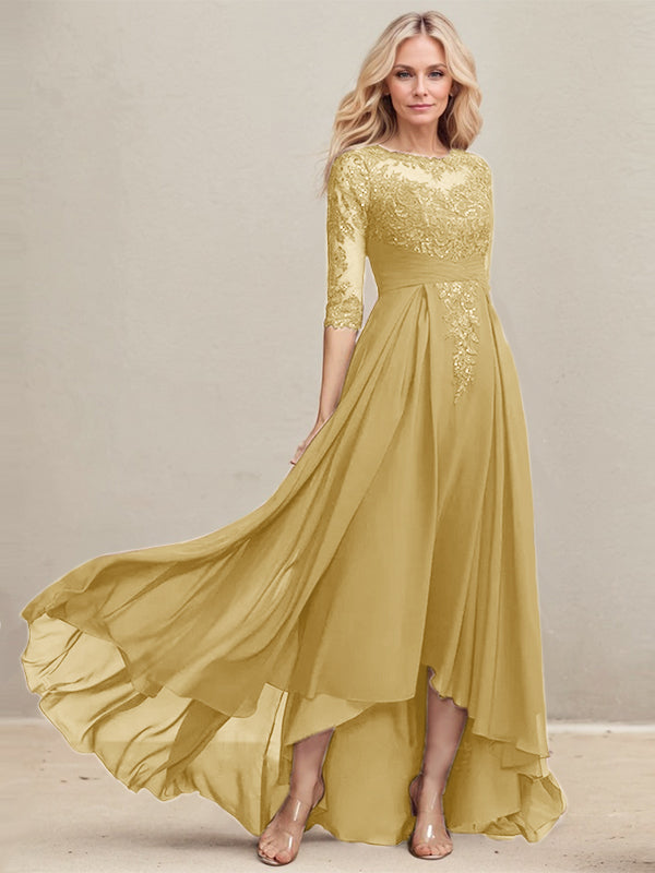 A-Linien Ausschnitt Illusions Asymmetrisches Spitzen-Chiffon Kleid für die Mutter der Braut mit plissierten Pailletten