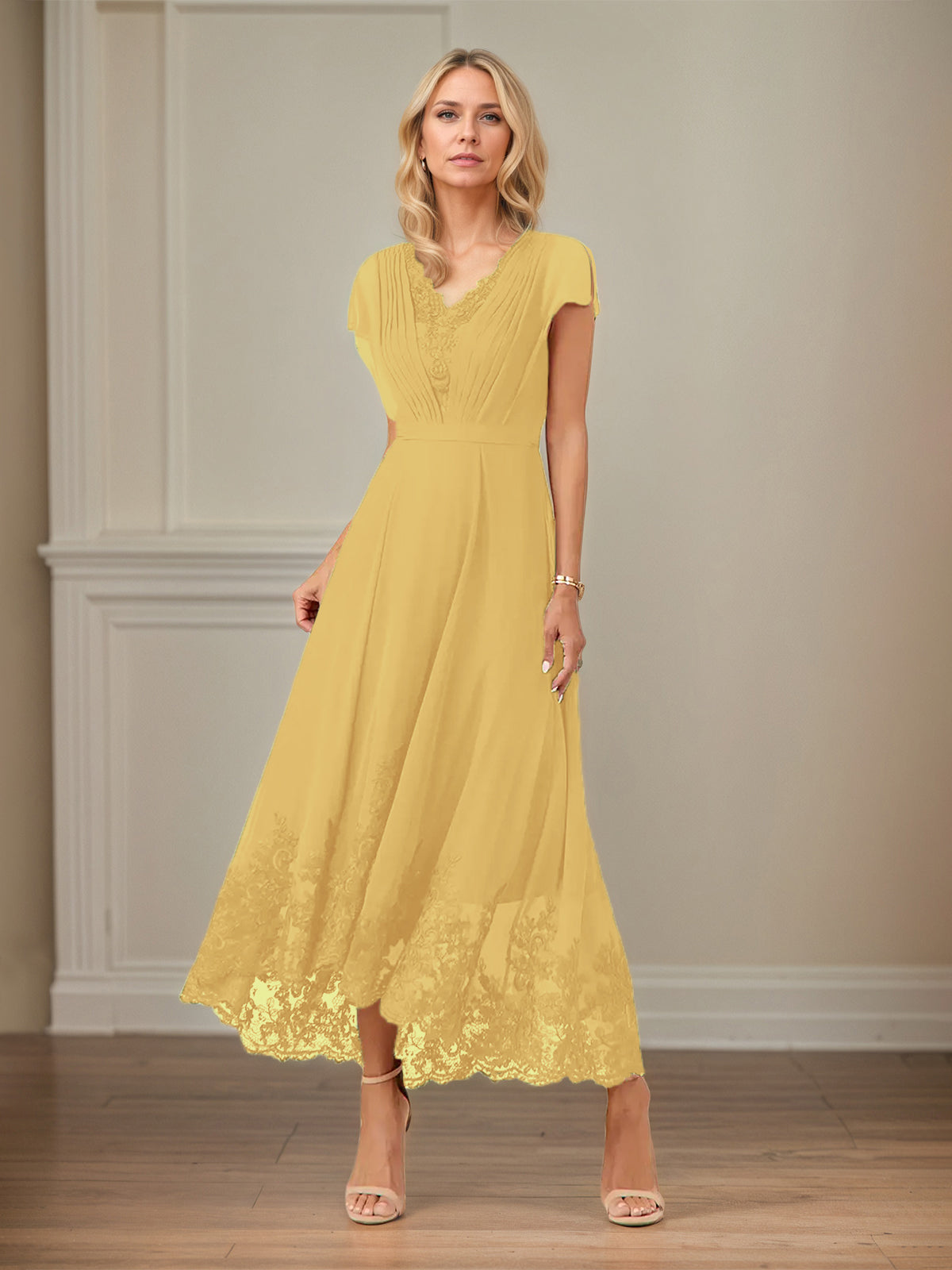 A-Linien Chiffon Kleid mit V-Ausschnitt, flatternden Ärmeln, knöchellang mit Applikationen