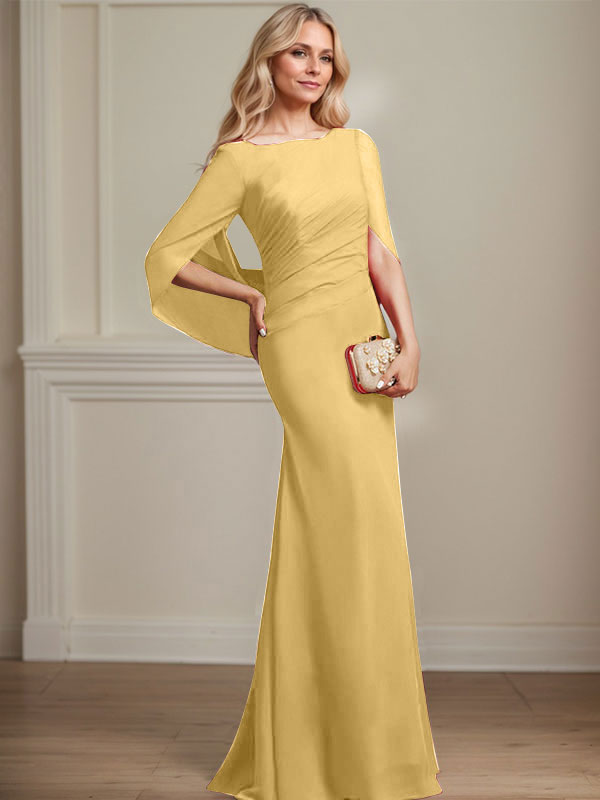 Trompeten-/Meerjungfrauen-Chiffonkleid mit Bootsausschnitt, bodenlang, plissiert, Brautmutterkleid
