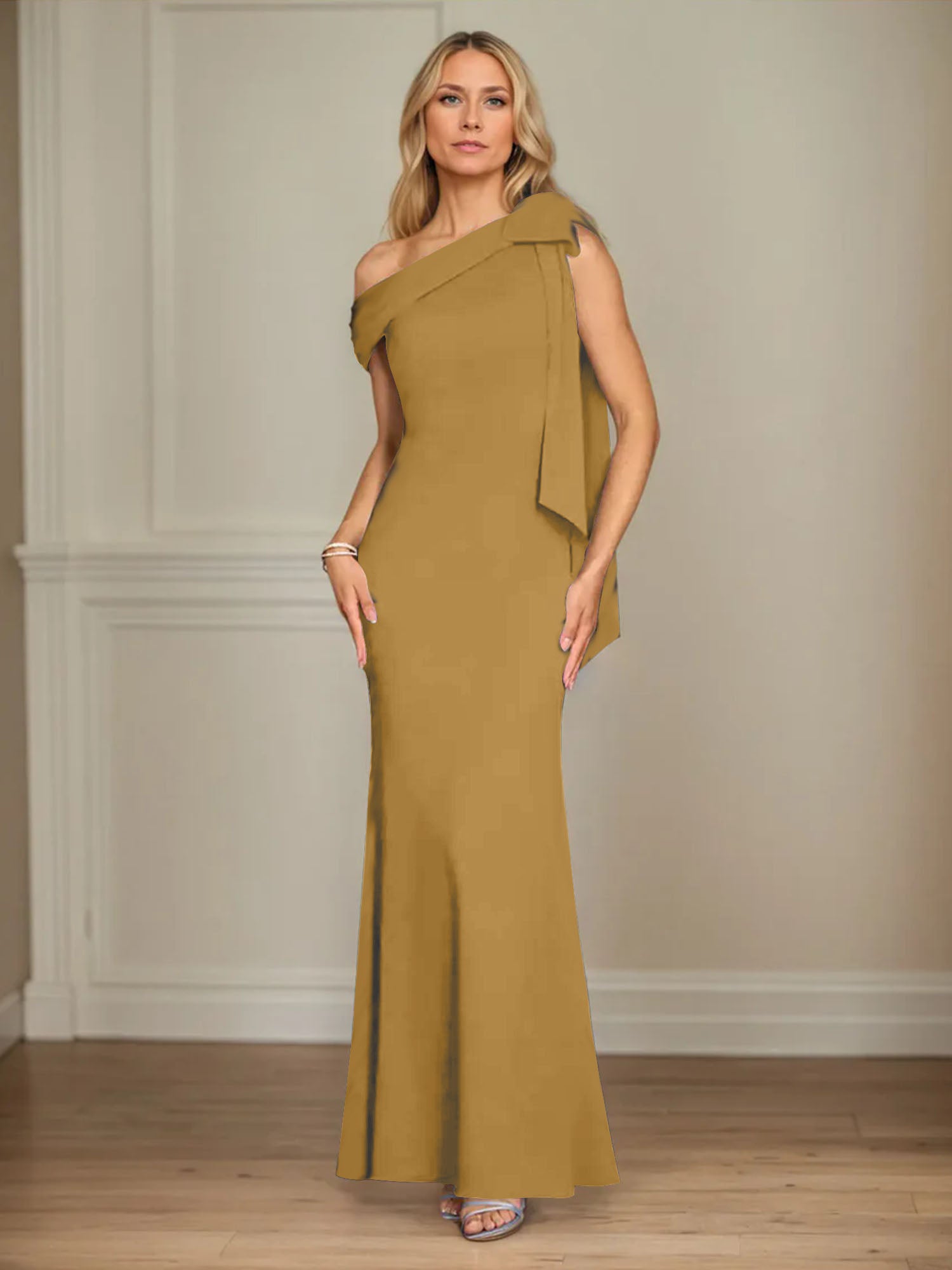 Trumpet/Mermaid Ein-Schulter Ärmelloses Stretch-Crêpe Kleid für die Brautmutter mit Schleife