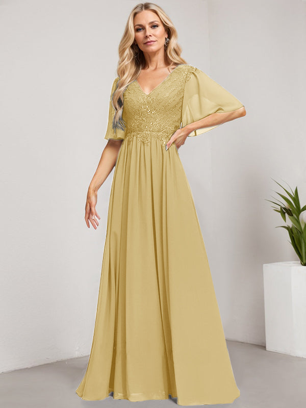 Robe mère de la mariée ligne A col en V longue en dentelle et chiffon avec sequins