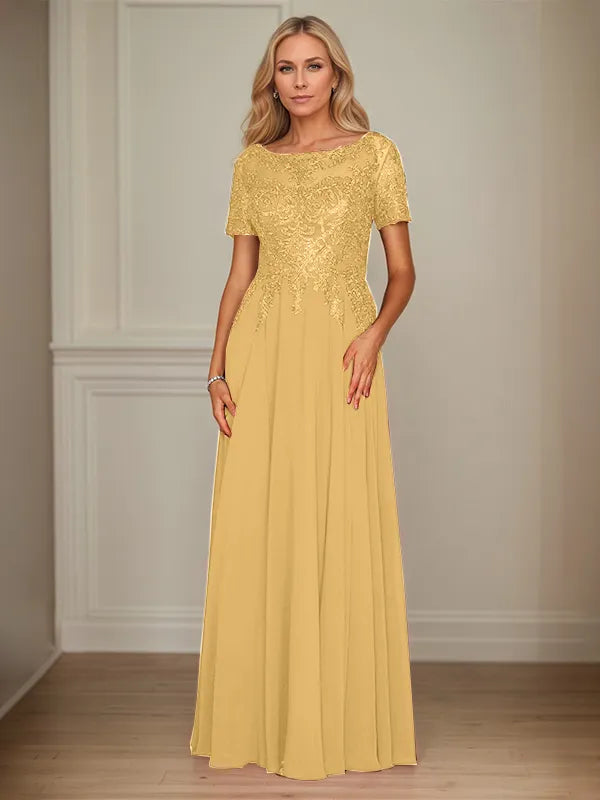 A Line Chiffon Boat Neck Short Sleeves Floor Length Mother of the Bride Dresses