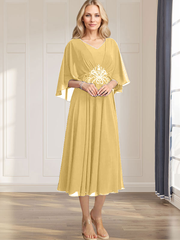 Robe de mère de la mariée en mousseline, longueur thé, col en V, en ligne A, avec appliques plissées, sequins, dentelle et perles