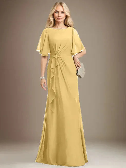 A-Linien Rundhals bodenlanges Chiffon Mutter der Braut Kleid mit kaskadierenden Rüschen Perlen Pailletten