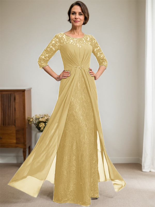 A-Linien Rundhalsausschnitt Illusions-Bodenlanges Spitzen-Chiffonkleid für die Brautmutter mit Perlen und Volants