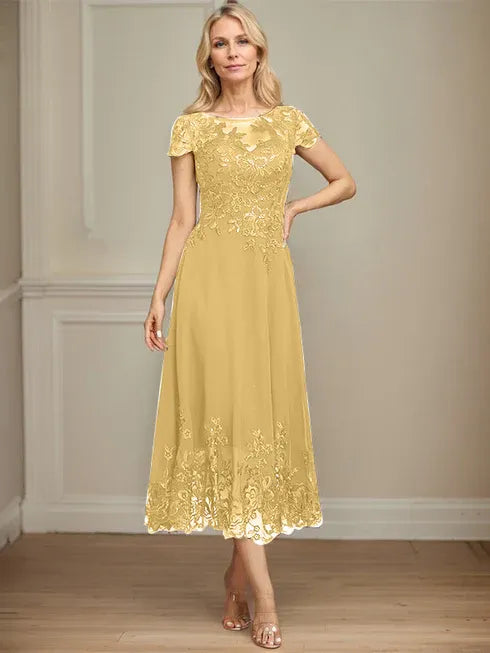 A-Linien Illusions Rundhals tea-langes Spitzenchiffon Mutter der Braut Kleid mit Pailletten